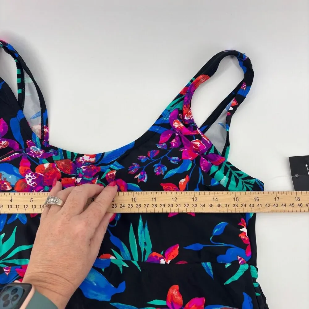Shore Shapes Swimdress Women 16 Black Floral‎ New Asymmetrical Side Cinch sides